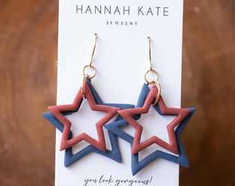 4TH OF JULY / beautiful, unique, handmade polymer clay hoop earrings / patriotic / red white and blue / stars /hypoallergenic & nickel free