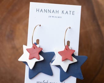 4TH OF JULY / beautiful, unique, handmade polymer clay hoop earrings / patriotic / red white and blue / stars /hypoallergenic & nickel free