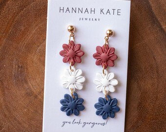 4TH OF JULY / beautiful, unique, handmade polymer clay hoop earrings / patriotic / red white and blue / stars /hypoallergenic & nickel free