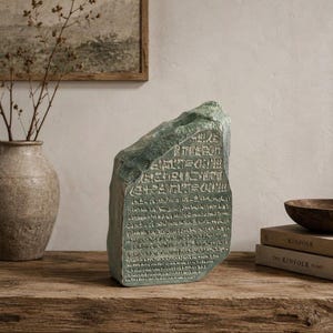 Peut inclure: Une tablette en pierre vert sauge présentant des inscriptions gravées de style hiéroglyphique de couleur claire sur sa face avant. L'objet possède une texture rocheuse naturelle et brute sur le bord supérieur et une base rectangulaire plate.