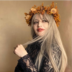 Rustic Dried Flower Crown: Autumn Wedding Headband, Orange Yellow Floral Halo