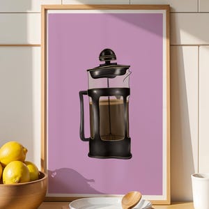 French Press Print, Coffee Press Print, Vintage Lilac Color Background, Glossy Kitchen Poster, Gift For Coffee Lover, JPEG