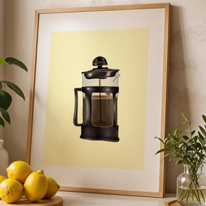 French Press Print, Butter Yellow Background, Glossy Kitchen Poster, Coffee Press Wall Art - Gift For Coffee Lover, JPEG