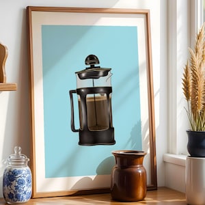 Coffee Press Wall Art, French Press Print, Light Blue Background, Glossy Kitchen Poster, Gift For Coffee Lover, JPEG