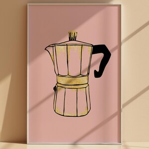 Póster de cafetera moka, arte del café italiano, decoración dorada para la cocina, lámina moderna de espresso (descarga digital)