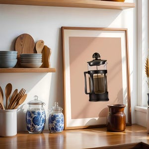French Press Print, Coffee Press Poster, Soft Mocha Color Background, Glossy Kitchen Arte, Gift For Coffee Lover, JPEG