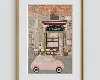Lámina artística de Ferrara, Italia, ilustración de paisaje urbano italiano, cuadro de coche rosa, póster de viaje europeo.
