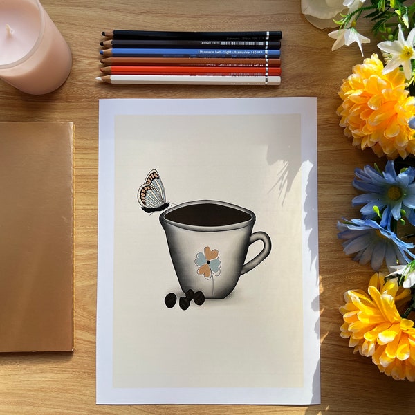 Coffee Cup Poster, READY TO PRINT Coffee Draw, Butterfly Draw, Coffee Mood, Coffee Wall Art, Gifts under 20