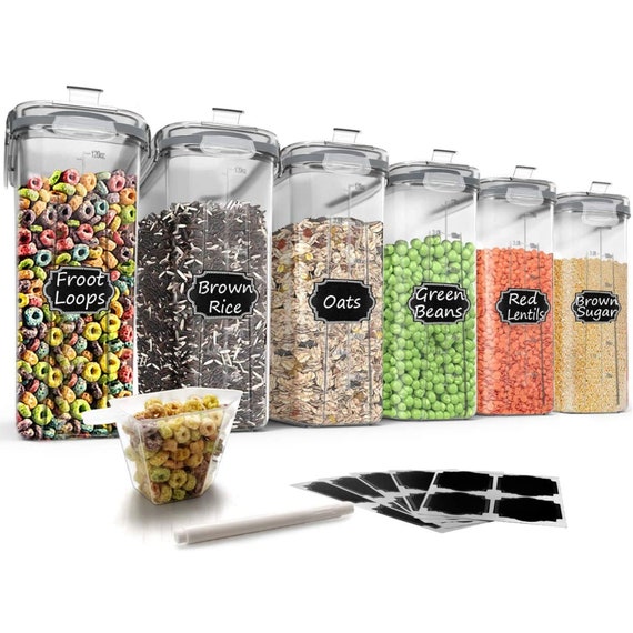 6 Piece Airtight Food Storage Containers Cereal Dispensers With 20 Labels  Large BPA Free Plastic 