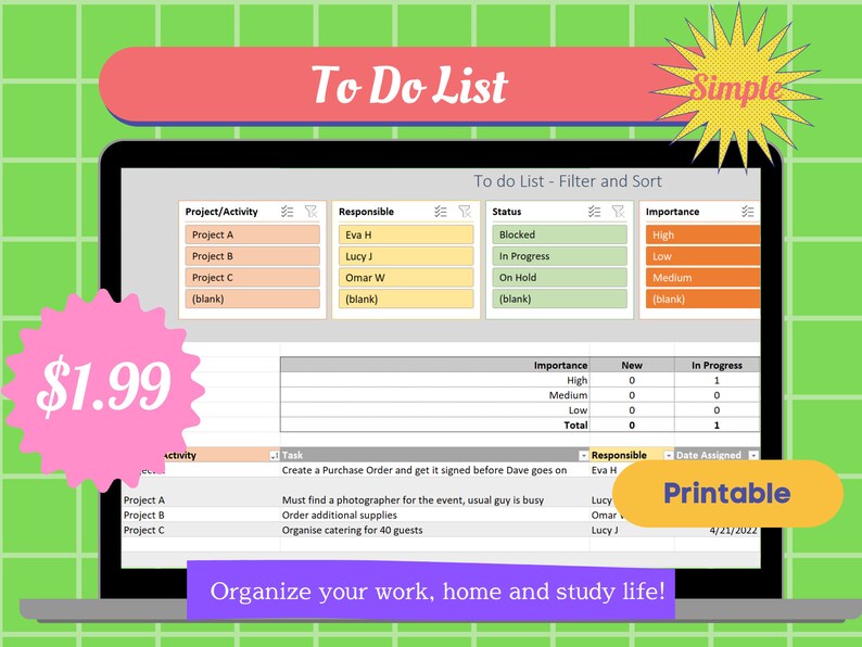 To Do List Task Tracker Excel Printable, Ready to Use - Etsy