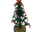 Wooden Christmas Tree With Miniature Ornaments Clockwork Music Box