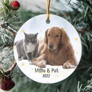 May include: A round white ceramic Christmas ornament with a blue and white background. A gray cat and a golden retriever dog are sitting together on the ornament. The ornament has yellow stars and the text "Millie & Pat 2022" on it.