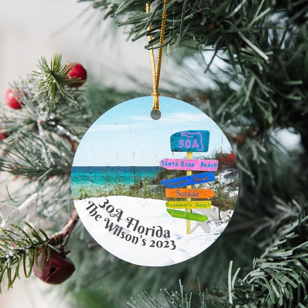 Custom 30A Florida Christmas Ornament, Watercolor Beach, Showing the iconic sign, keepsake, vacation memory, personalized message