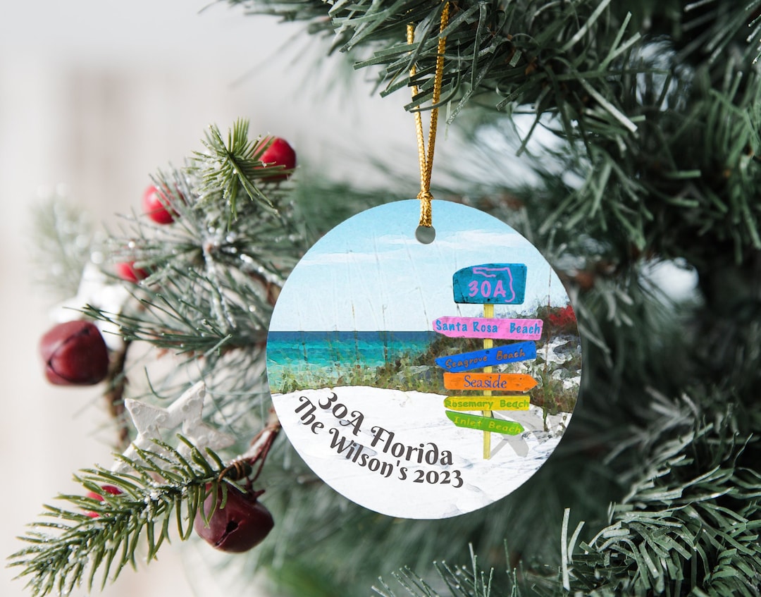 Custom 30A Florida Christmas Ornament, Watercolor Beach, Showing the