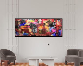 Original Abstract Acrylic Painting, Stretched Canvas Art, 36x94 cm