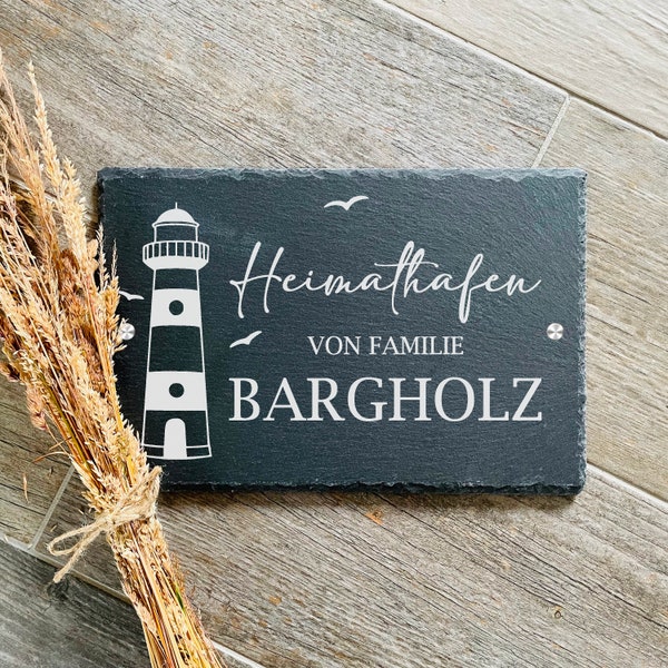 Maritimes Türschild personalisiert "Heimathafen" mit Leuchtturm und Name graviert Namensschild Familie Nordsee Meer 30x20cm