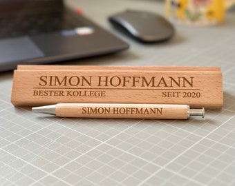 Holz Kugelschreiber mit Gravur in Holzschachtel - personalisiert mit Name Text und Datum - gravierte Geschenkideefür Kollegen Abschied