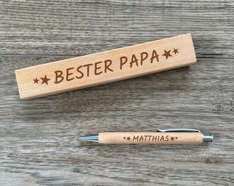 Holz Kugelschreiber mit Gravur in Geschenkschachtel - Sterne - mit Wunschgravur gravierte Geschenkidee zum Geburtstag Vatertag Kollegen