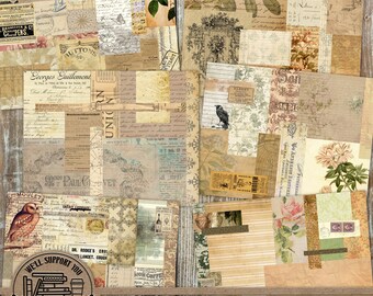 Op de afbeelding: Een collage van vintage papieren met verschillende patronen en tekst, waaronder bloemenontwerpen, handgeschreven notities en oude advertenties. De papieren zijn in een willekeurig patroon gerangschikt en hebben een verweerde, oude uitstraling. De kleuren zijn voornamelijk beige, bruin en crème.