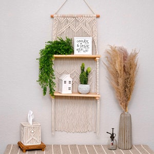 Macrame Wall Hanging Shelf - 2 Tier Wall Shelves with Handmade Woven Rope - Boho Shelves Organizer Hanger for Kitchen and Bathroom