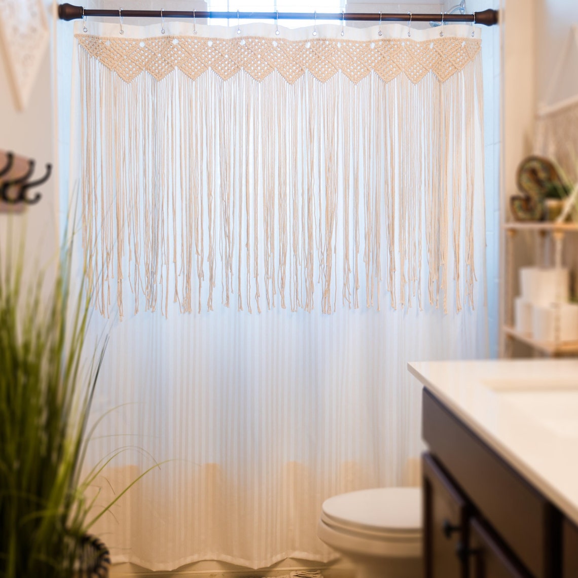 Macrame Shower Curtain White Boho Shower Curtain With Etsy