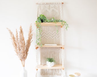 Macrame Wall Hanging Shelf - 3 Tier Wall Shelves with Handmade Woven Rope - Boho Shelves Organizer Hanger for Kitchen (Pine Wood)