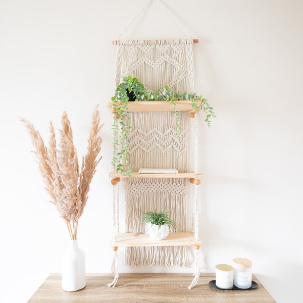 Macrame Wall Hanging Shelf - 3 Tier Wall Shelves with Handmade Woven Rope - Boho Shelves Organizer Hanger for Kitchen (Pine Wood)