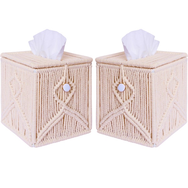 Square Tissue Box Cover (2) Decorative Macrame Tissue Holder with Pearl Clasp for Bathroom Vanity, Bedroom Night Stand, Home Office Desk