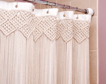 Macrame Shower Curtain - White Boho Shower Curtain with Decorative Cotton Fringe for Modern Farmhouse Bathroom