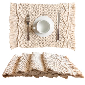 Macrame Placemats Set of 4 - Handmade Cotton Woven Boho Placemats - Fringe Placemats, Kitchen, Rustic Natural Off White, 12”x18”