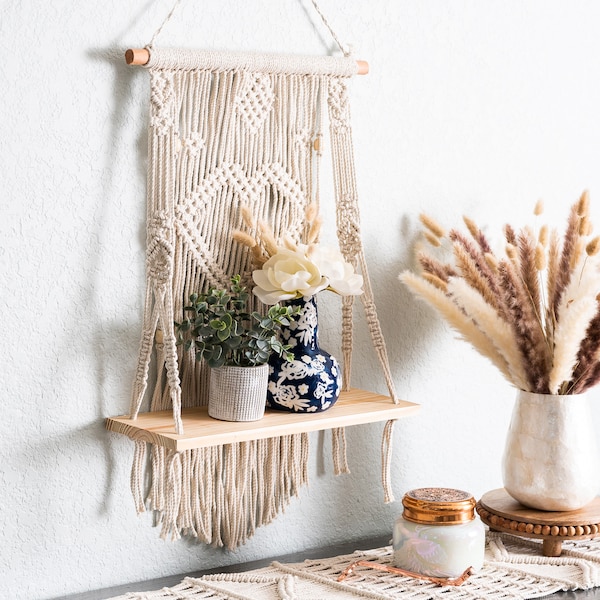 Macrame Wall Hanging Shelf - 1 Tier Wall Shelf with Handmade Woven Rope - Boho Shelves Organizer Hanger for Kitchen (Pine Wood)