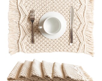 Macrame Placemats Set of 6 - Handmade Cotton Woven Boho Placemats - Fringe Placemats, Kitchen, Rustic Natural Off White, 12”x18”