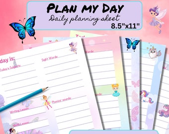 Plan My Day Printable Planning Sheets for Early Elementary Decorated in Pink, Teal, Purple, Fairy, Butterflies, Mermaid, Princess, Unicorns