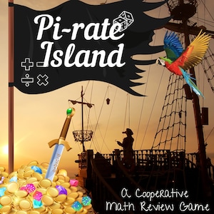May include: A black pirate flag with the words "Pi-rate Island" and math symbols. A silhouette of a pirate ship with a parrot and a treasure chest full of gold coins.