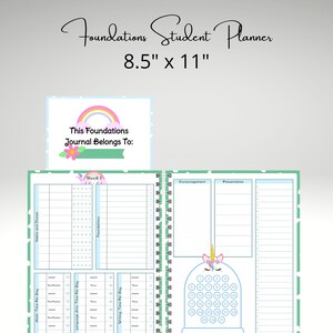 May include: A green and blue student planner with a unicorn design. The planner is 8.5 inches by 11 inches and has a section for "Foundations".