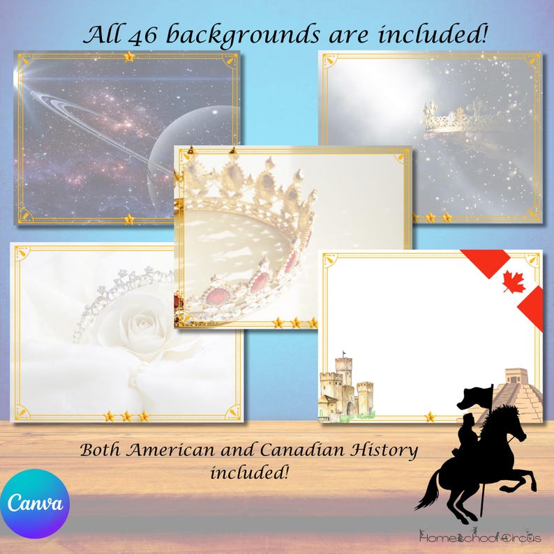 May include: A digital art graphic featuring various background templates with gold borders and star accents. The image includes text that reads "All 46 backgrounds are included!" and "Both American and Canadian History included!" A Canva logo is visible.