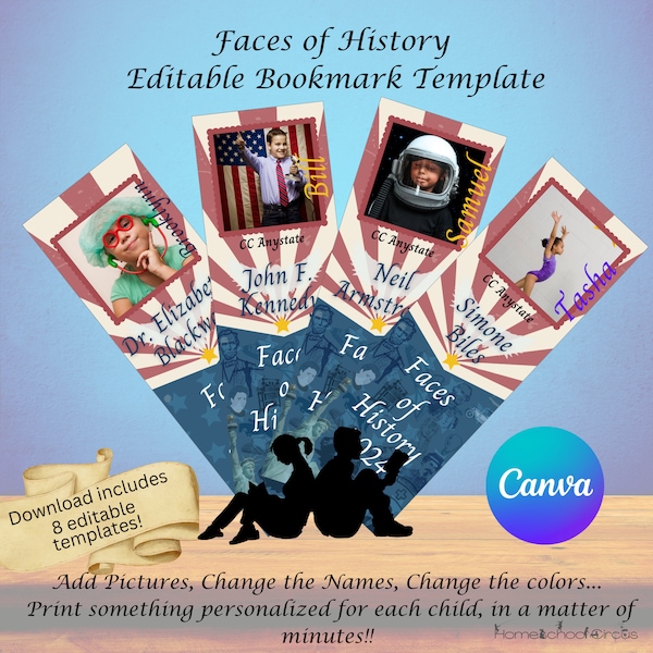 CC Essentials Faces of History Completion Bookmarks 8 Fully Editable Templates using Canva Free