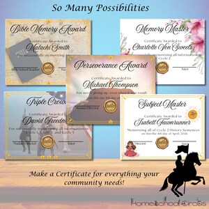May include: A collection of certificates with ornate borders and gold seals. Each certificate is personalized with names and titles such as "Bible Memory Award" and "Subject Master." The certificates are designed for various achievements, with text that reads "So Many Possibilities."