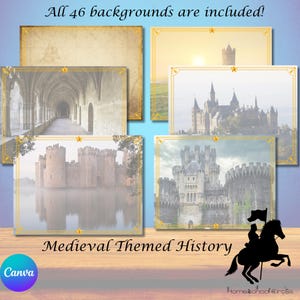 May include: An image showcasing a collection of medieval-themed backgrounds. The backgrounds feature castles, historical architecture, and landscapes, all framed with gold borders. Text at the top reads "All 46 backgrounds are included!" and "Medieval Themed History" at the bottom.