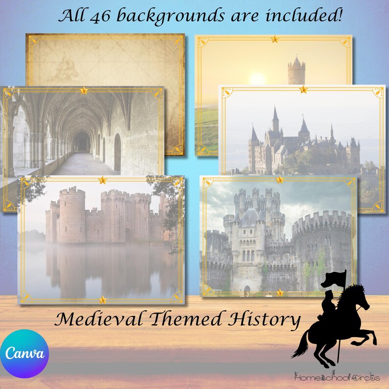 May include: An image showcasing a collection of medieval-themed backgrounds. The backgrounds feature castles, historical architecture, and landscapes, all framed with gold borders. Text at the top reads "All 46 backgrounds are included!" and "Medieval Themed History" at the bottom.