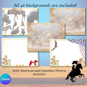 May include: A digital art product featuring various historical backgrounds and animal illustrations. The text reads "All 46 backgrounds are included!" and "Both American and Canadian History included!" The Canva logo is visible.
