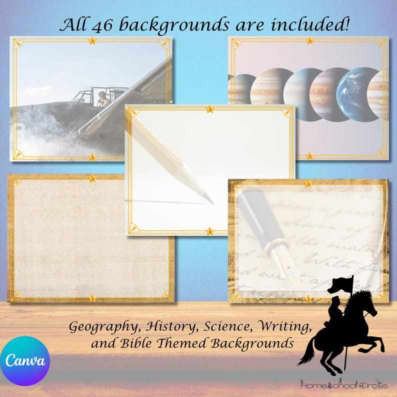 May include: A collection of 46 themed backgrounds for educational use, including geography, history, science, writing, and Bible topics. The image features various background examples with gold frames and text that reads "All 46 backgrounds are included!"