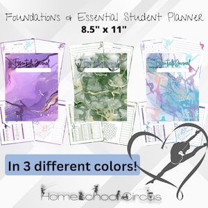May include: Three student planners, each 8.5" x 11", with unique covers in purple, green, and blue. The covers feature abstract designs and the text "This Essential Journal". The image also includes the text "Foundations & Essential Student Planner" and "In 3 different colors!"