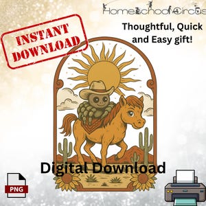 May include: Digital download featuring a cartoon illustration of a spider wearing a cowboy hat riding a horse. The image includes the text "Instant Download" and "Digital Download". The design is in shades of brown, orange, and yellow.