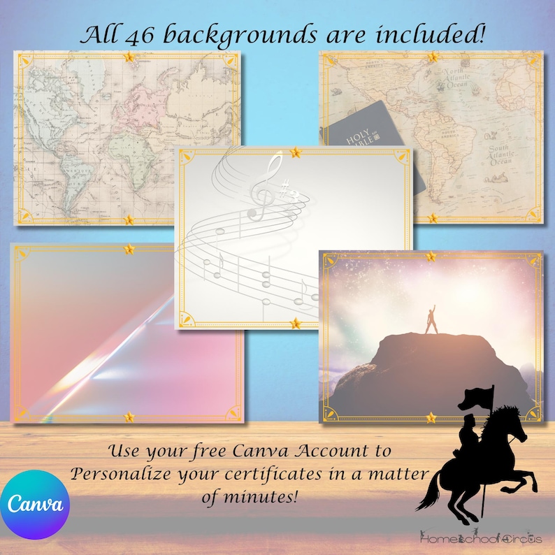 May include: A collection of certificate backgrounds with gold borders and star accents. The backgrounds include maps, musical notes, and a silhouette of a person on a mountain. Text reads "All 46 backgrounds are included!" and "Use your free Canva Account to Personalize your certificates in a matter of minutes!"