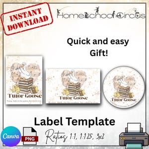Pode incluir: Um modelo de etiqueta com um design extravagante com um ganso tocando flauta em cima de livros, rodeado por notas musicais e patinhos. O texto "Tutor Goose" e "Download instantâneo" são visíveis. Inclui logotipos Canva e PNG.