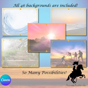 May include: A collection of digital backgrounds with various scenic images, including a sunset, ocean waves, and mountain views. Each background is framed with a gold border and star accents. Text reads "All 46 backgrounds are included!" and "So Many Possibilities!"