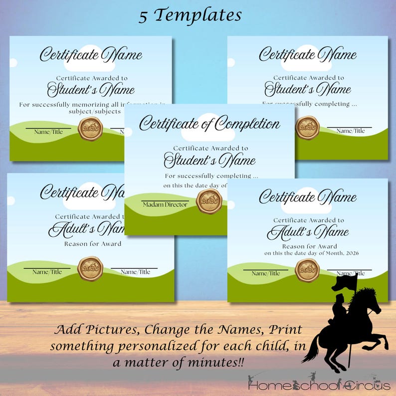 May include: Five certificate templates with a blue sky and green grass design. Each certificate has space for a name and title, with text that reads "Certificate Name" and "Certificate Awarded to Student's Name". The image also includes a silhouette of a person on a horse.
