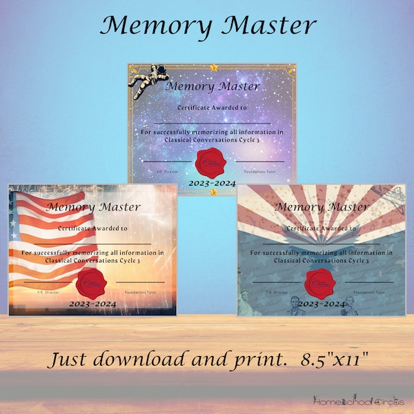 CC Cycle 3 American History Themed Memory Master Certificates for Foundations