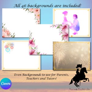 May include: A collection of digital backgrounds with floral and silhouette designs. The image includes text that reads "All 46 backgrounds are included!" and "Even Backgrounds to use for Parents, Teachers and Tutors!"